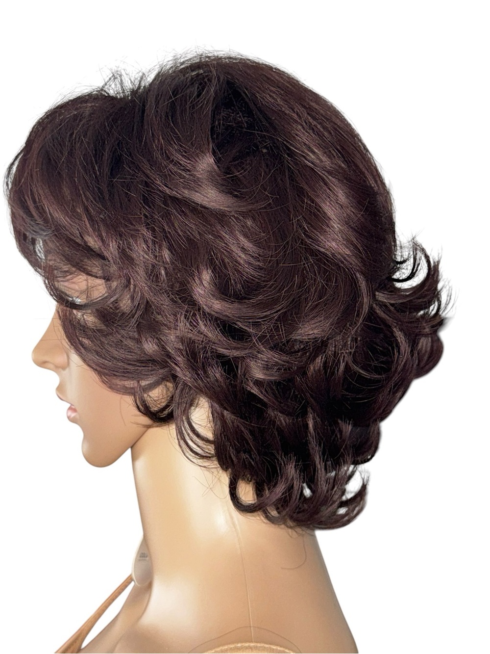 Short Curly Eggplant Plum Synthetic Wig with Bangs Wavy Voluminous Pixie Bob